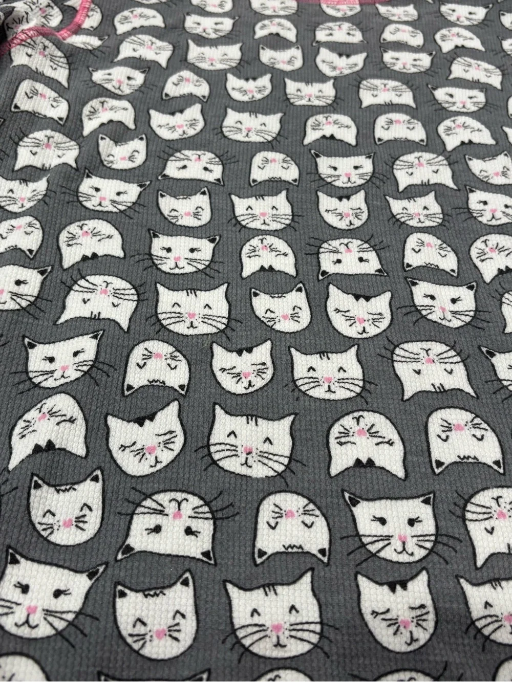 Girls Gray XL Cuddl Duds Long Thermal Underwear Cat Print Set with Pink Accents